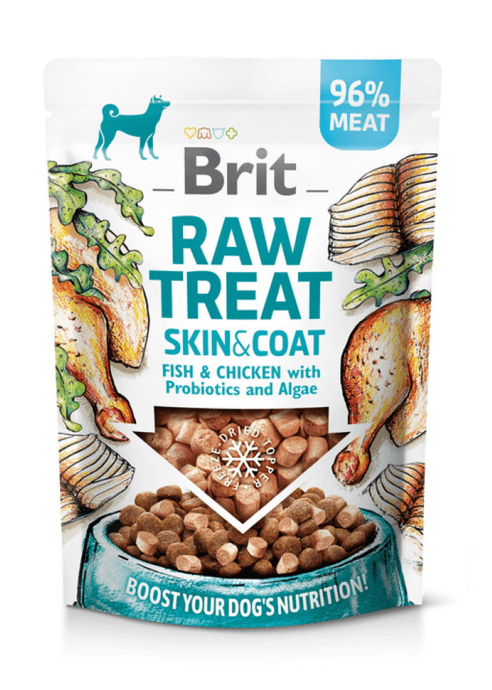 Brit Raw Treat Skin & Coat. Freeze-dried treat and topper. Fish & Chicken